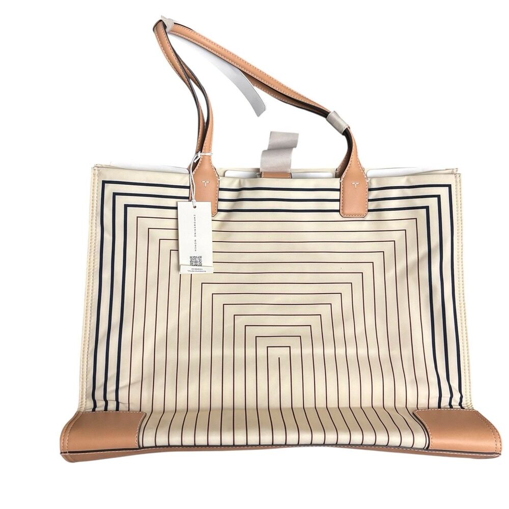 Tory Burch Ella Printed Tote Box Stripe Natural Vachetta Canvas Shopper New $268 - Picture 3 of 7